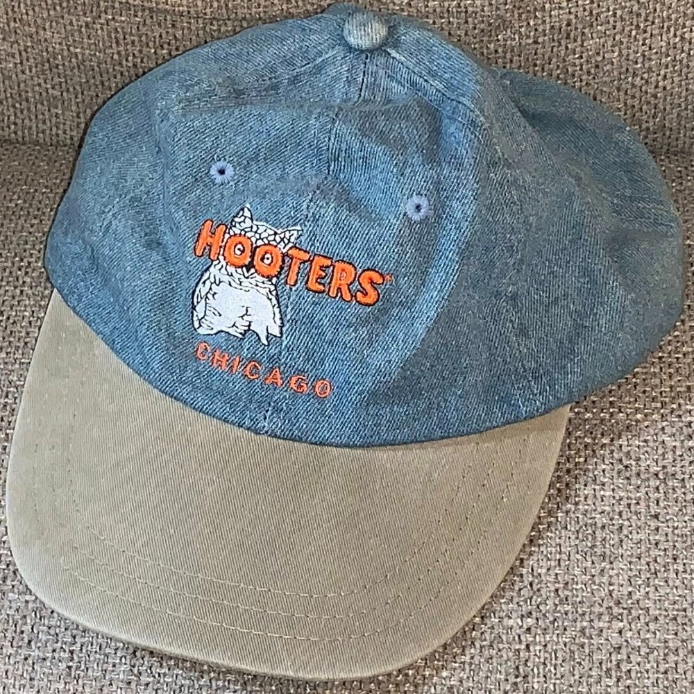 Vintage Hooters Chicago Denim Cap Hat w/ Adjustable Leather Strap **RARE**
